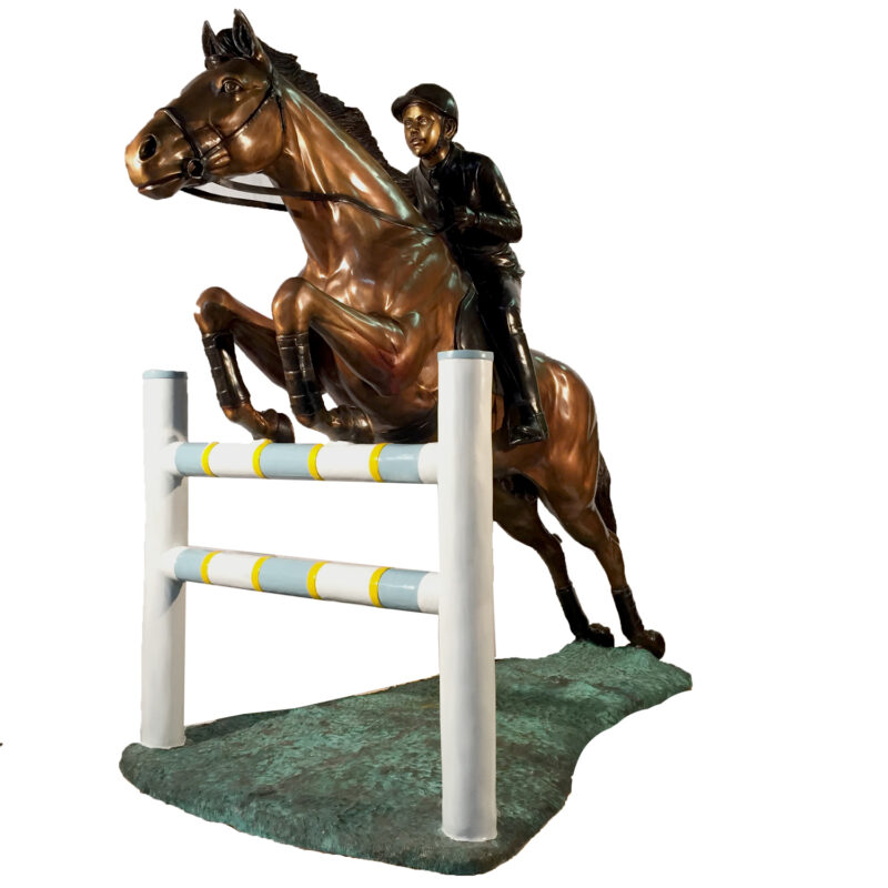 SRB41013C Bronze Jockey Girl on Horse Jumping Sculpture Metropolitan Galleries Inc