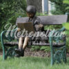 Bronze Girl Reading Book with Dog on Bench Sculpture