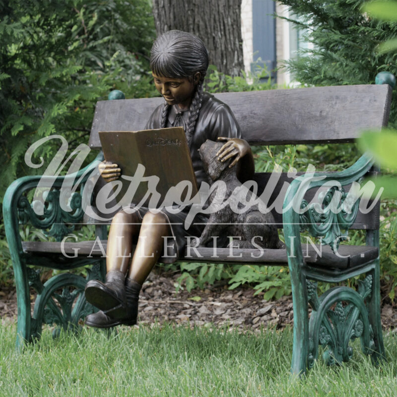 SRB48107 Bronze Girl Reading Book with Dog on Bench Sculpture by Metropolitan Galleries Inc Vignette WM.jpg