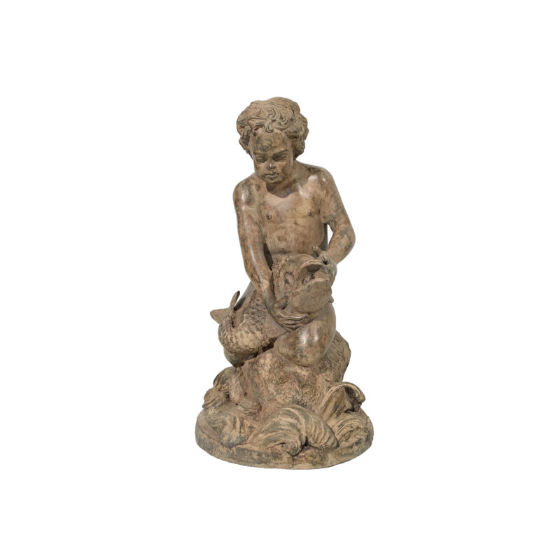 SRB991515 Bronze Kneeling Boy holding Fish Fountain Sculpture by Metropolitan Galleries Inc