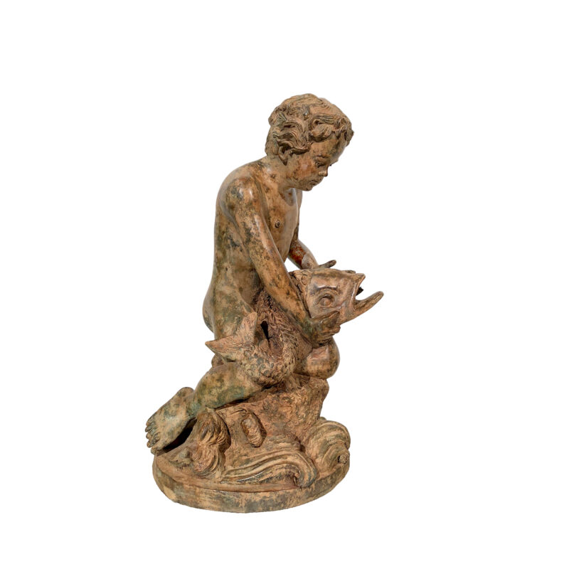 SRB991515 Bronze Putto holding Fish Fountain Sculpture by Metropolitan Galleries in Sand Green Patina