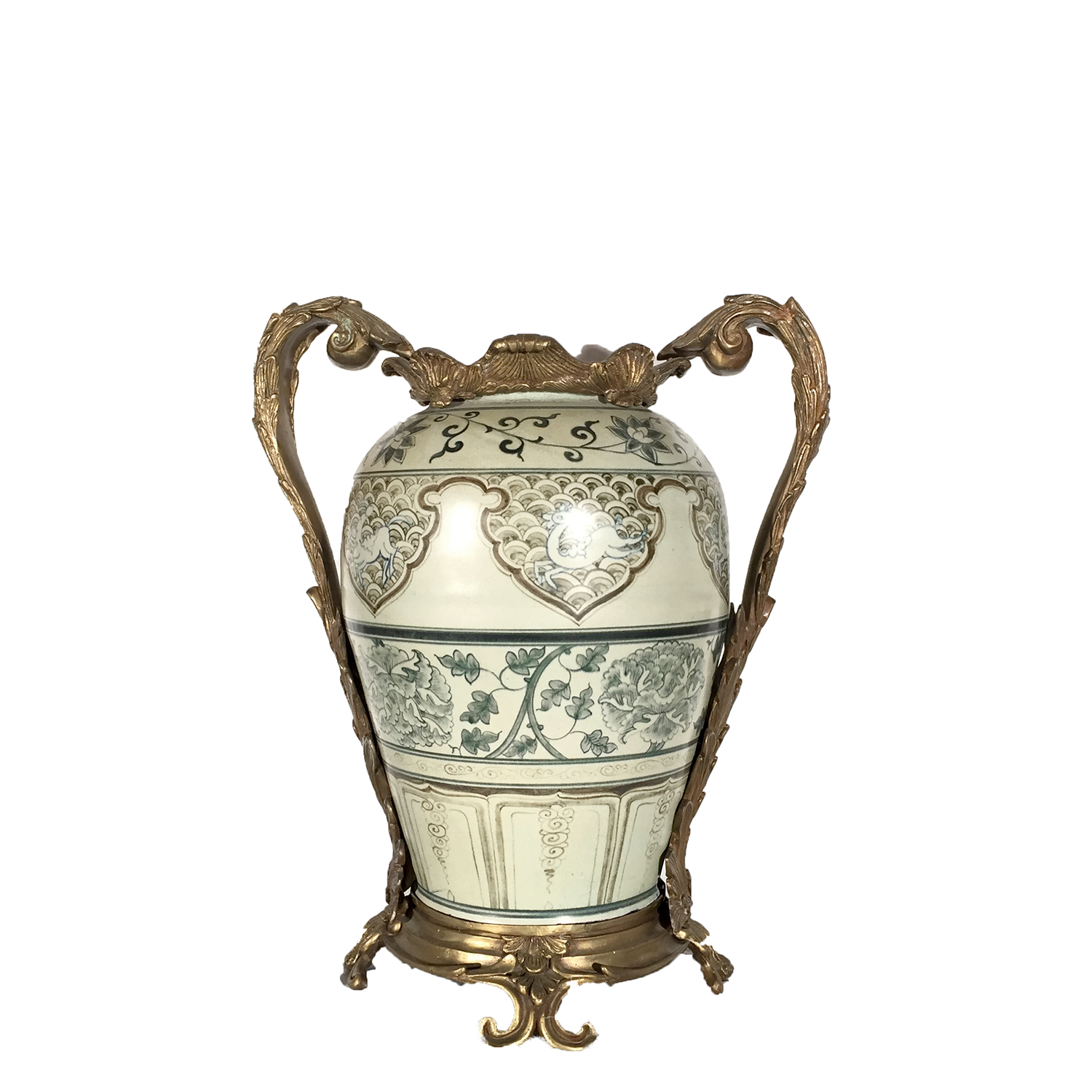 Cast Bronze Handles & Base holding Porcelain Vase