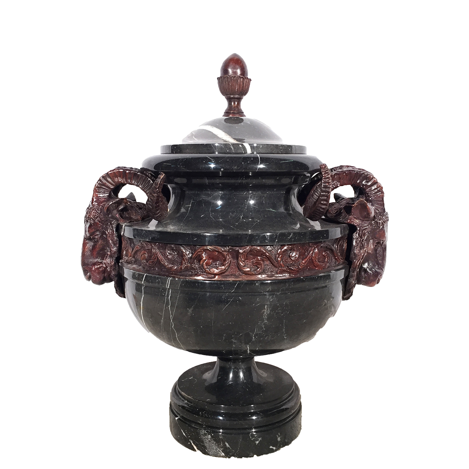 Black Marble Urn with Cast Bronze Rams Head & Lid