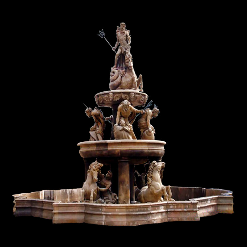 JBF701 Marble Neptune Tier Fountain with Horses & Basin by Metropolitan Galleries Inc