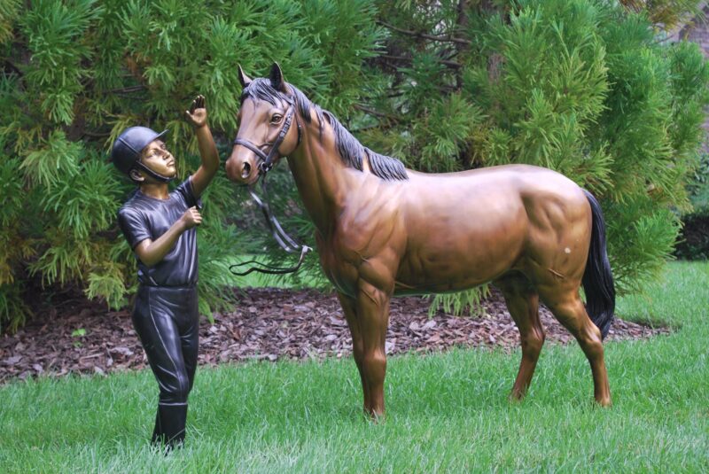Cast Bronze Nancy Kissing Her Horse Statue from Metropolitan Galleries in French Brown patina. Our wide selection of cast bronze statues and bronze fountain
