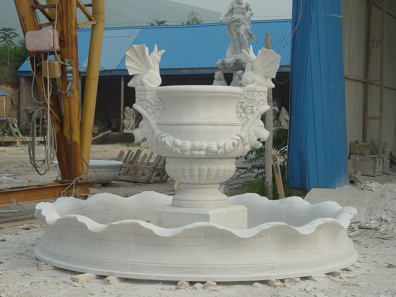 Hand Carved White Marble Fountain with Lions, Garland and Surround