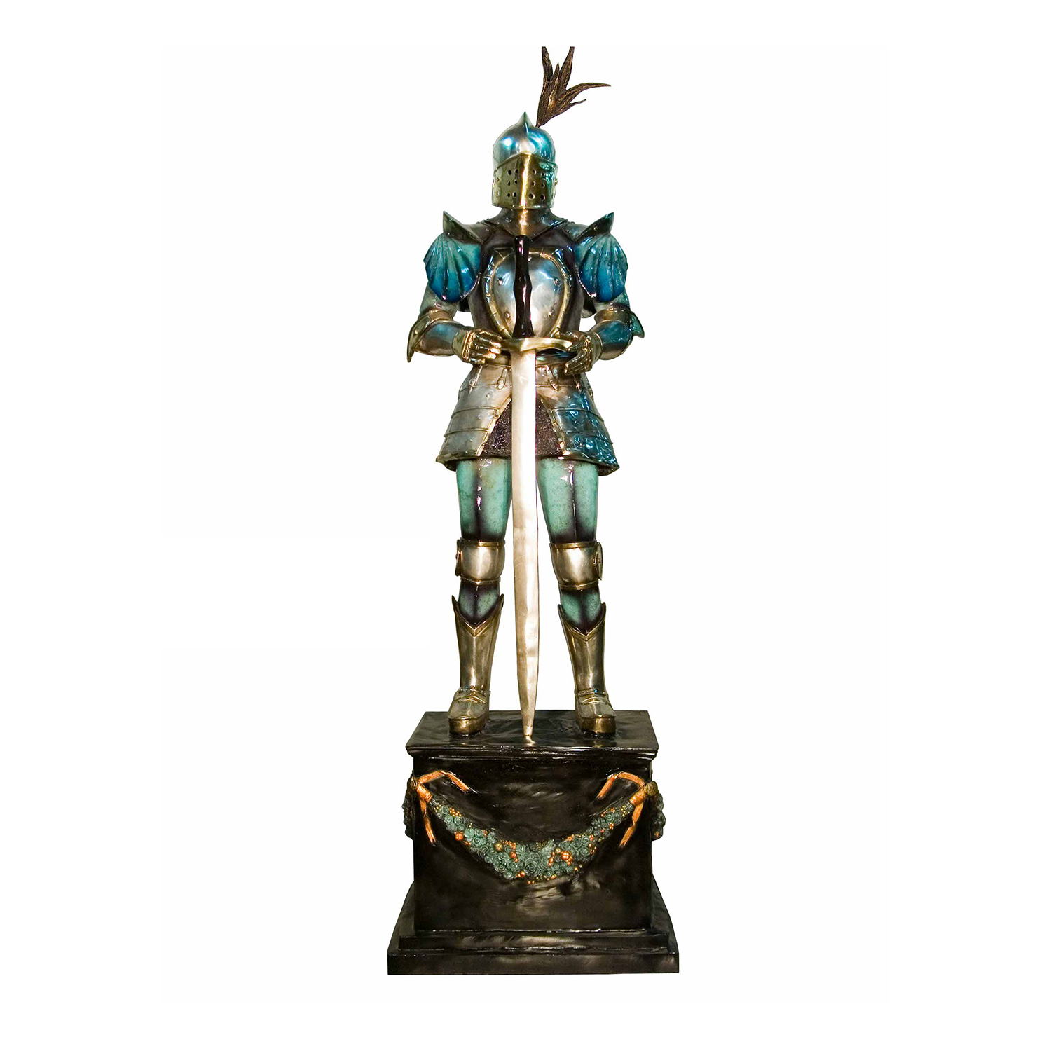 SRB091005-C Bronze Knight with Sword on Pedestal Sculpture Color Patina Metropolitan Galleries Inc