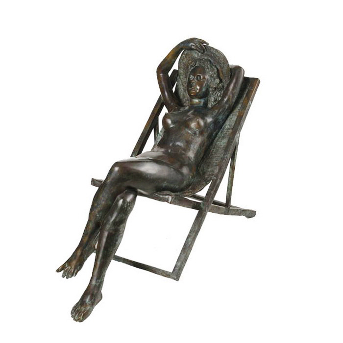 Cast Bronze Nude Woman Lying in Deck Chair Statue Metropolitan Galleries