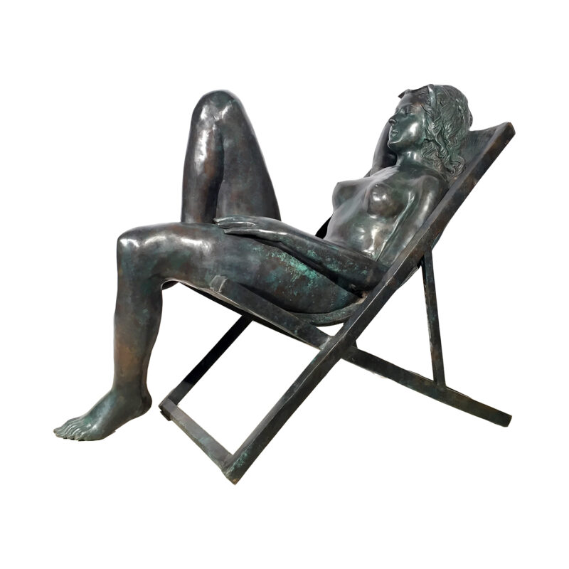 Metropolitan Galleries Cast Bronze Nude Woman in Deck Chair Statue