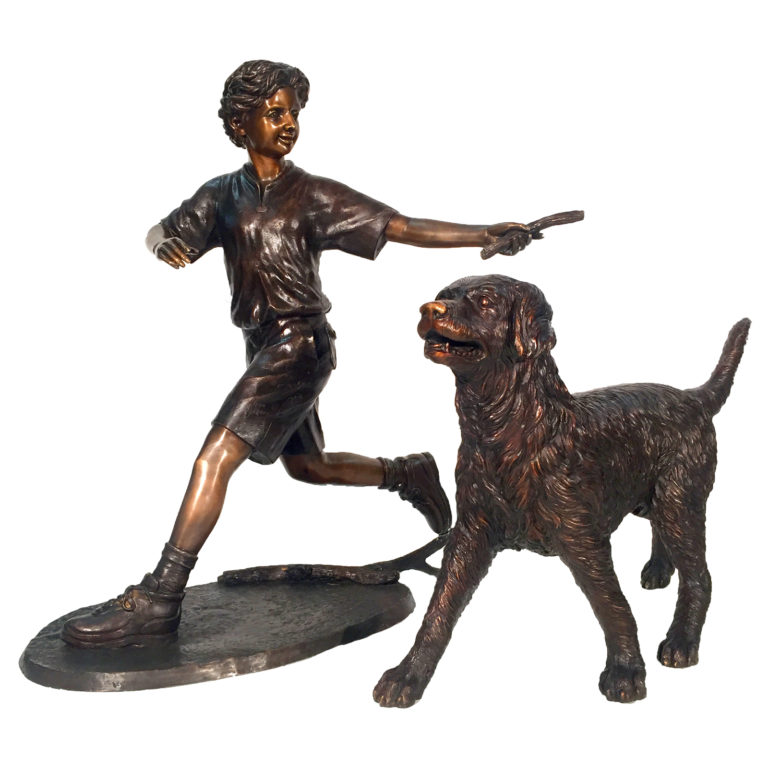 Bronze Boy and Dog walking on Log Sculpture Metropolitan Galleries Inc.