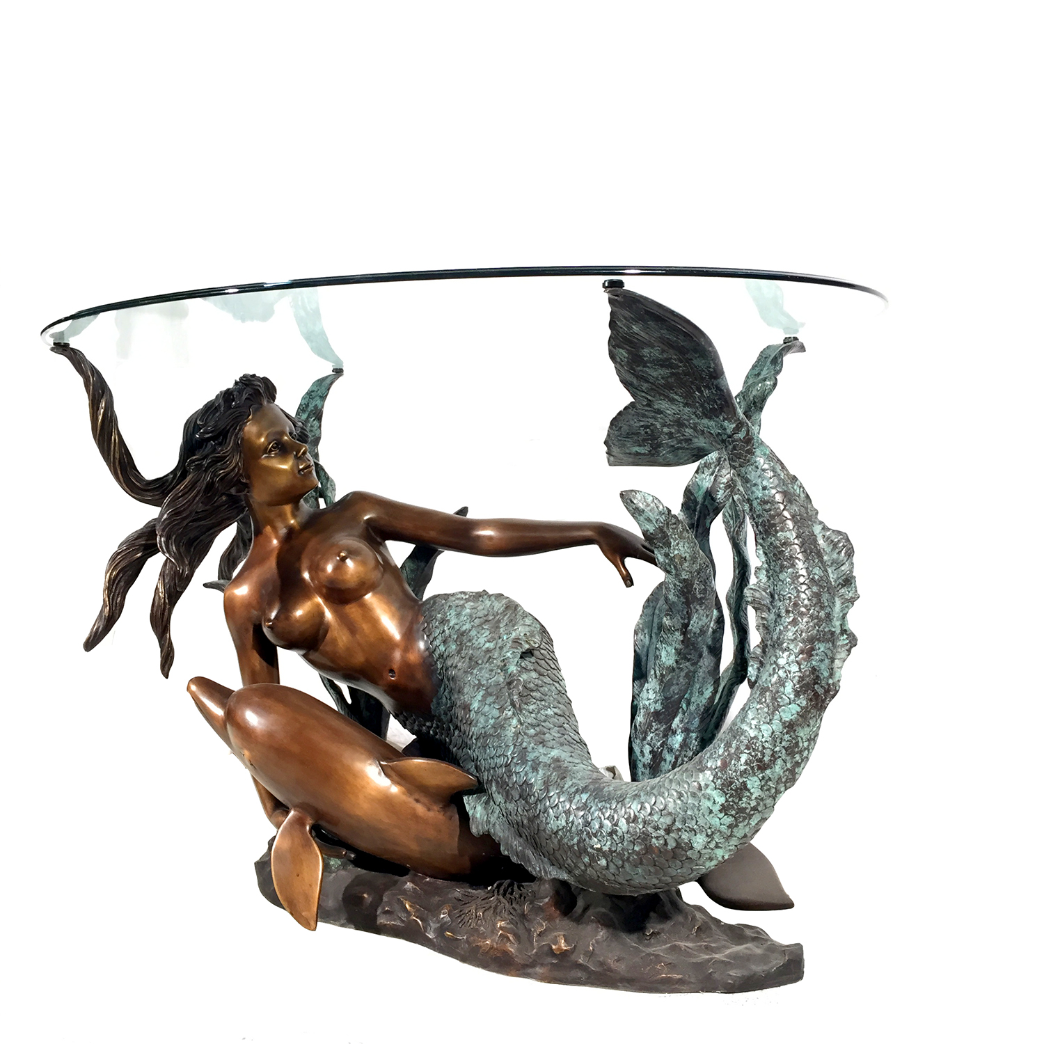 Cast Bronze Mermaid with Dolphin Table Base Sculpture