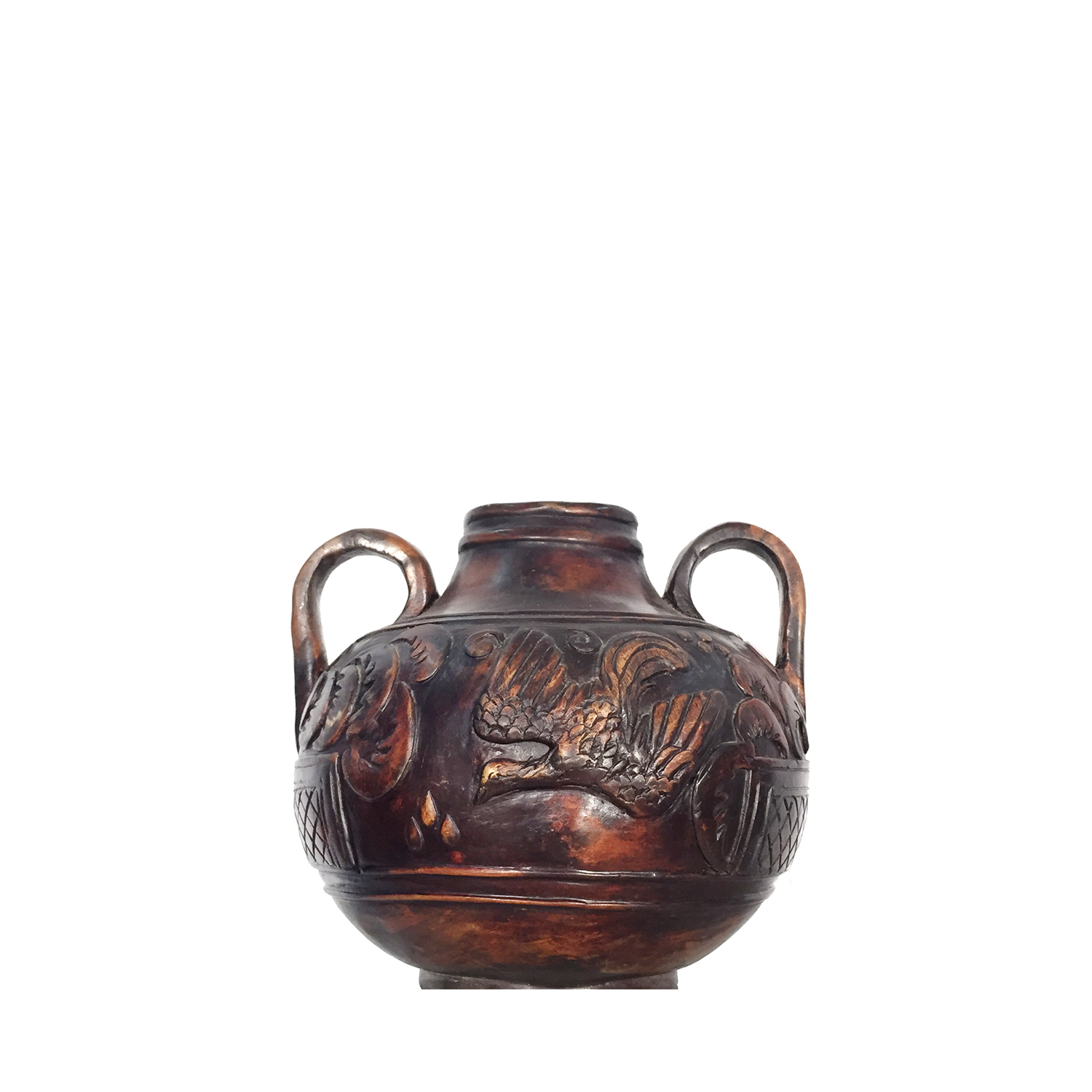 Metropolitan Galleries Inc. Cast Bronze Table Top Vase with Handles and Flying Bird