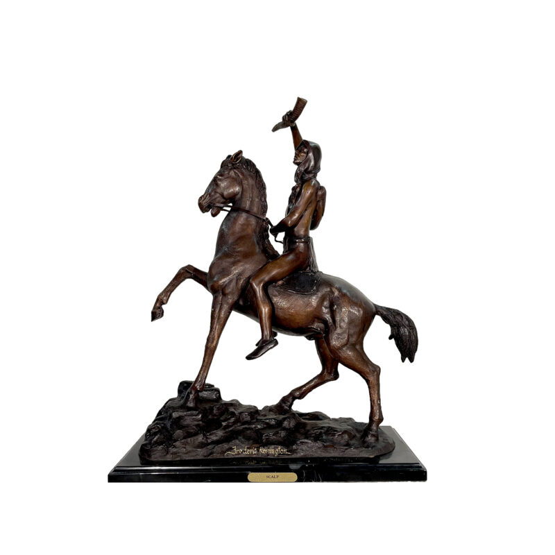 SRB057385 Bronze Frederic Remington 'Scalp' Table-top Sculpture atop Marble Base by Metropolitan Galleries Inc