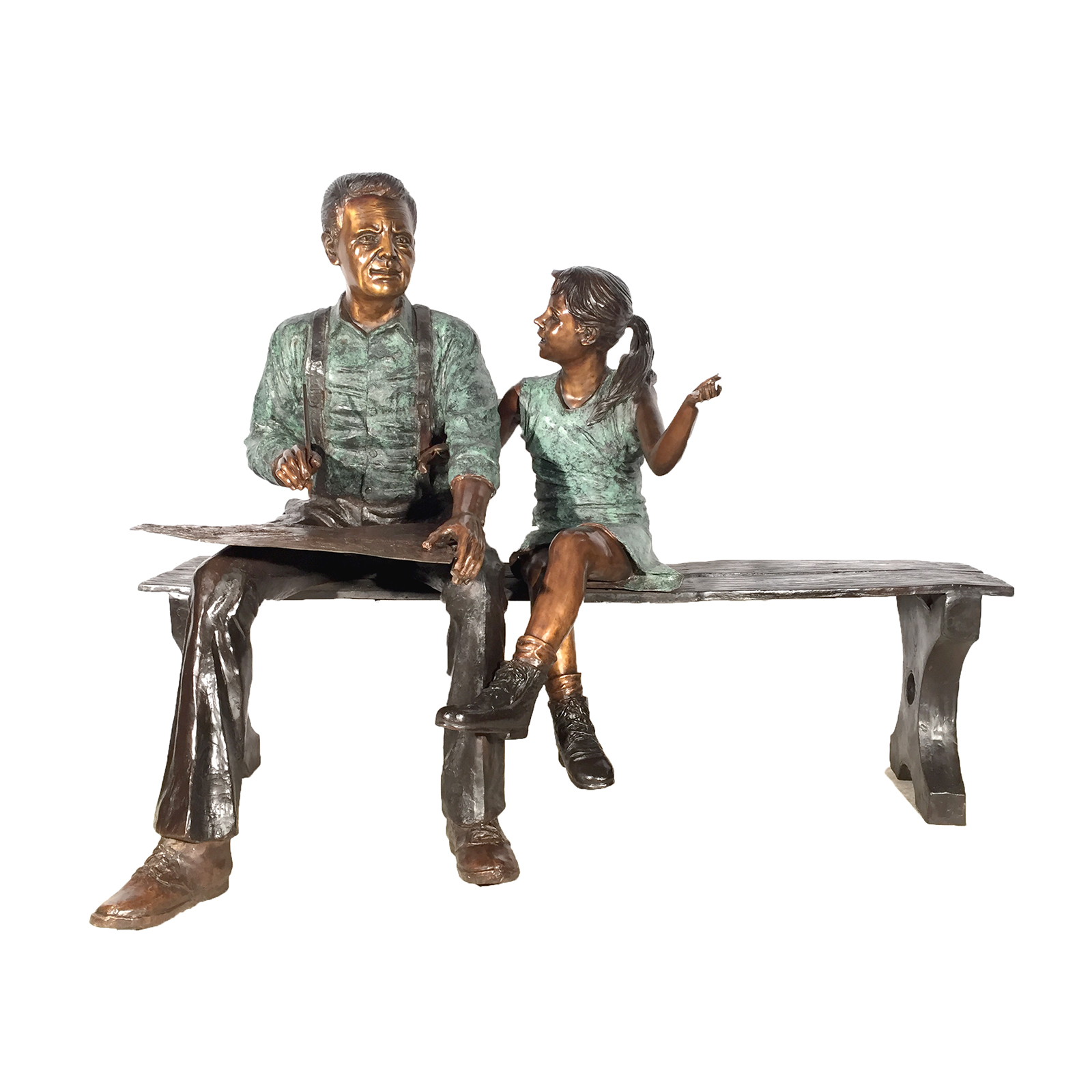 Cast Bronze Grandfather & Granddaughter Reading on Bench Statue Metropolitan Galleries Inc High Point North Carolina