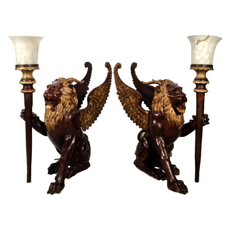 Metropolitan Galleries Cast Bronze WINGED LION LAMP SET WITH GOLD PATINA WINGS BRONZE STATUE BRONZE SCULPTURE BRONZE LIGHTING WINGED LION ASID HIGH POINT FURNITURE MARKET