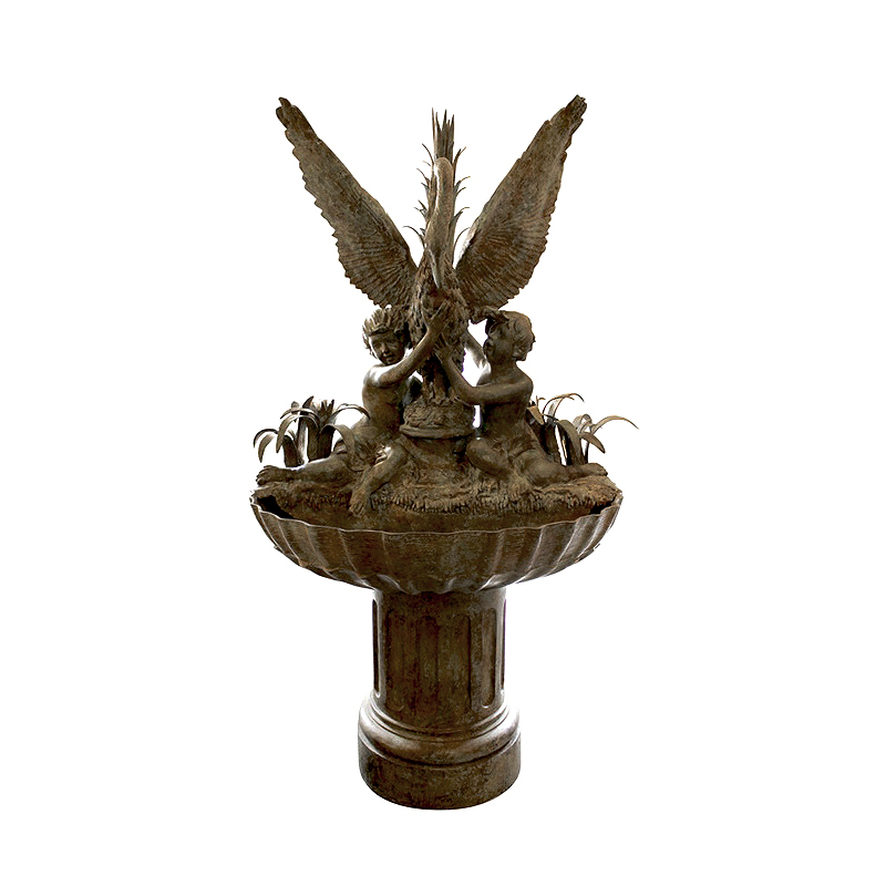 SRB87042 Bronze Two Children with Swan in Foliage Bowl Fountain by Metropolitan Galleries Inc