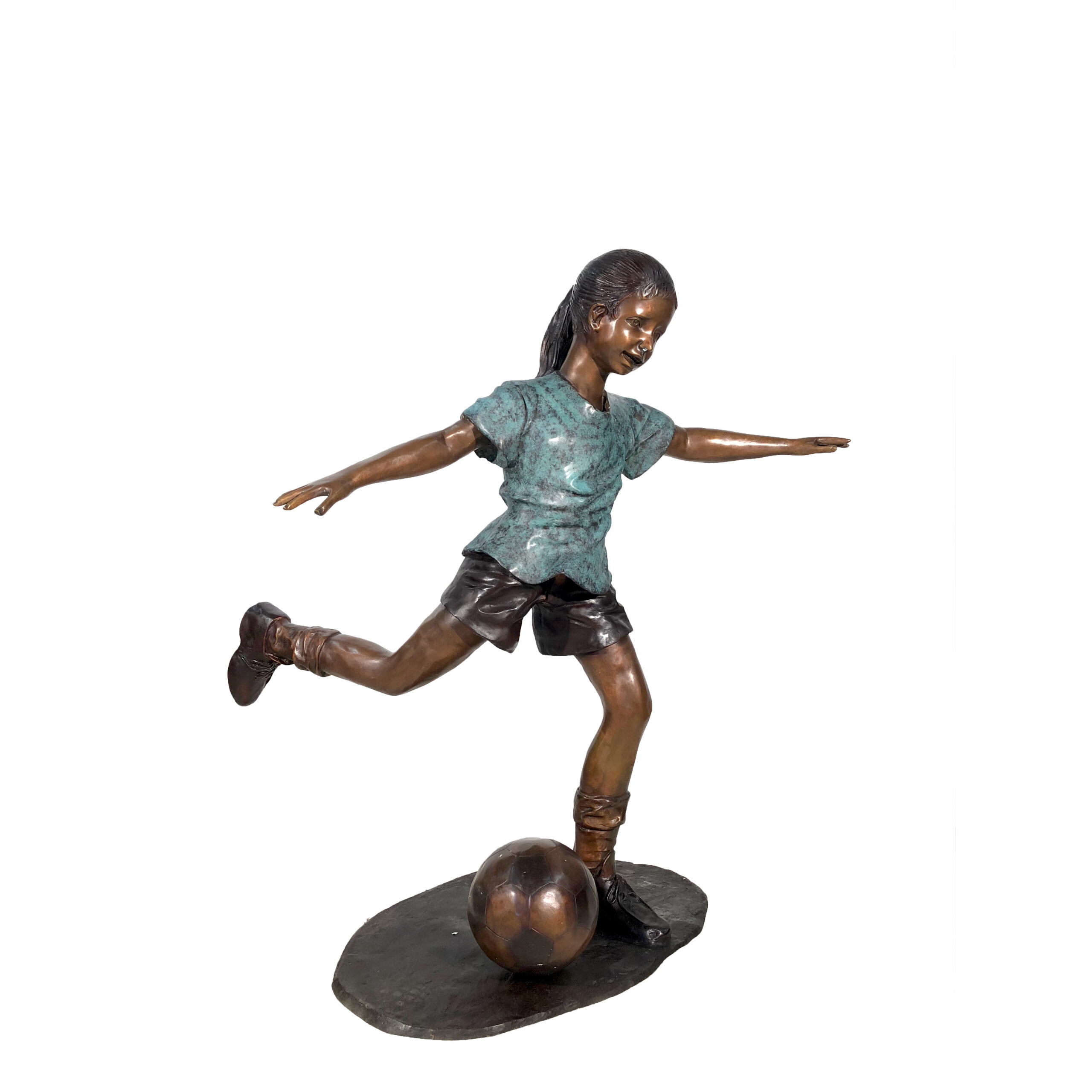 SRB050452 Bronze Girl Kicking Soccer Ball Sculpture Metropolitan Galleries Inc.