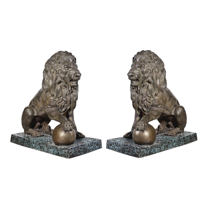 SRB992350-57 Bronze Sitting Lion with Ball on Base Sculpture Pair by Metropolitan Galleries Inc
