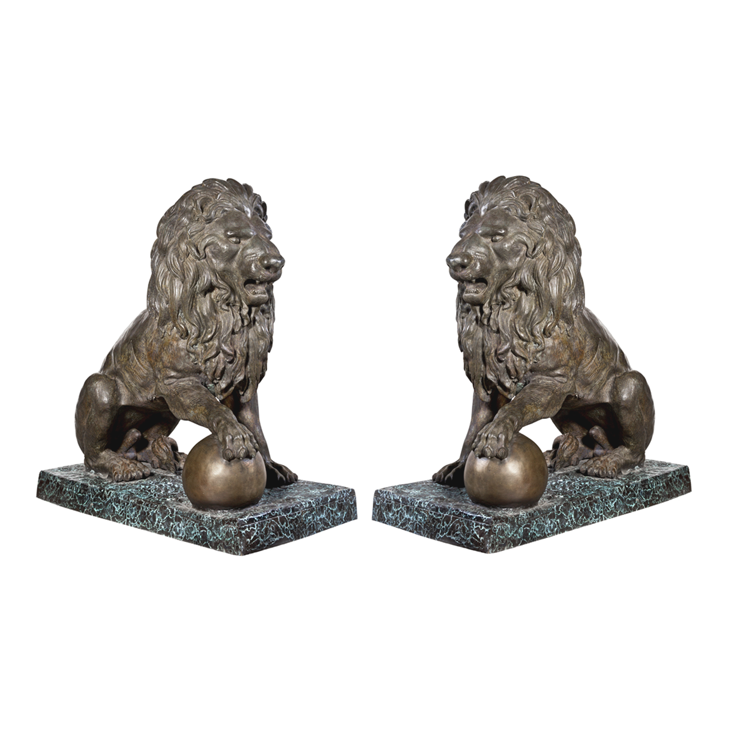 Bronze Sitting Lion with Ball on Base Sculpture Pair