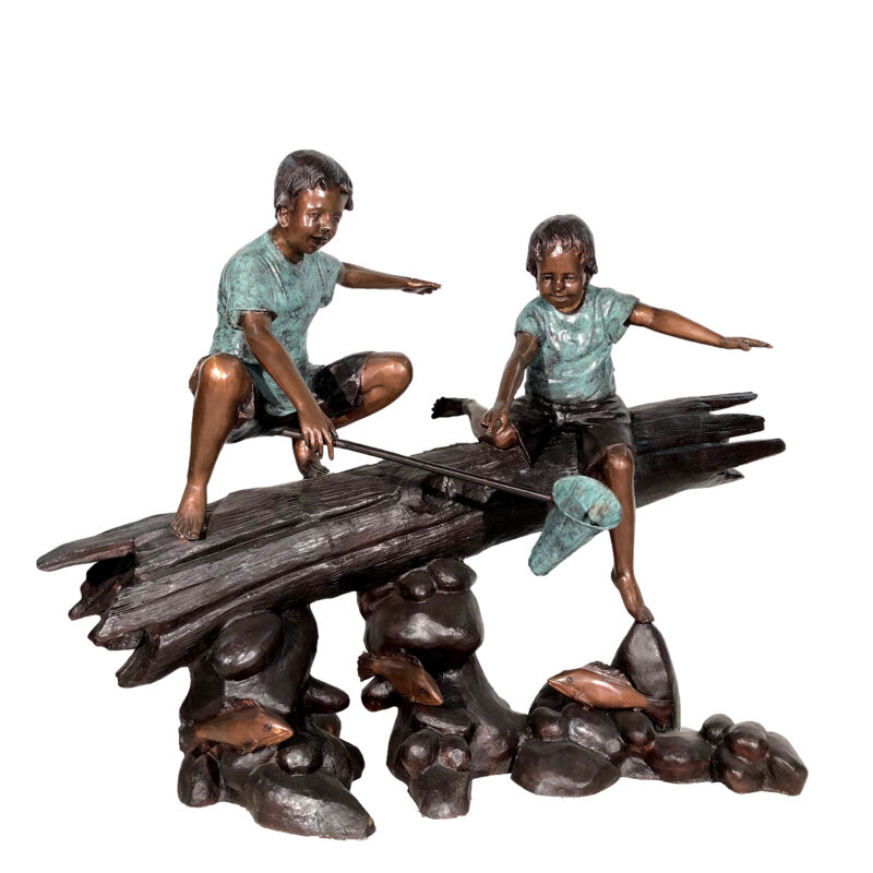 SRB050370 Bronze Boys Fishing on Log Sculpture by Metropolitan Galleries Inc