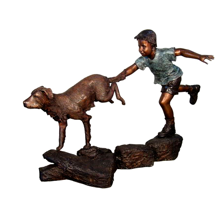 SRB050454 Bronze Boy Running with Dog Sculpture Metropolitan Galleries Inc.
