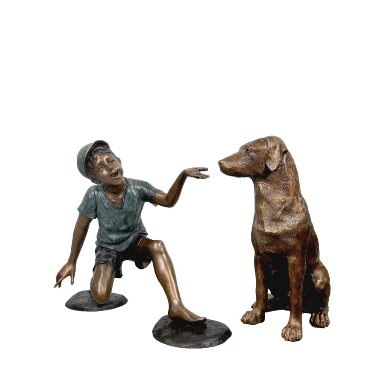 SRB099886 Bronze Kneeling Boy with Dog Sculpture Set by Metropolitan Galleries Inc