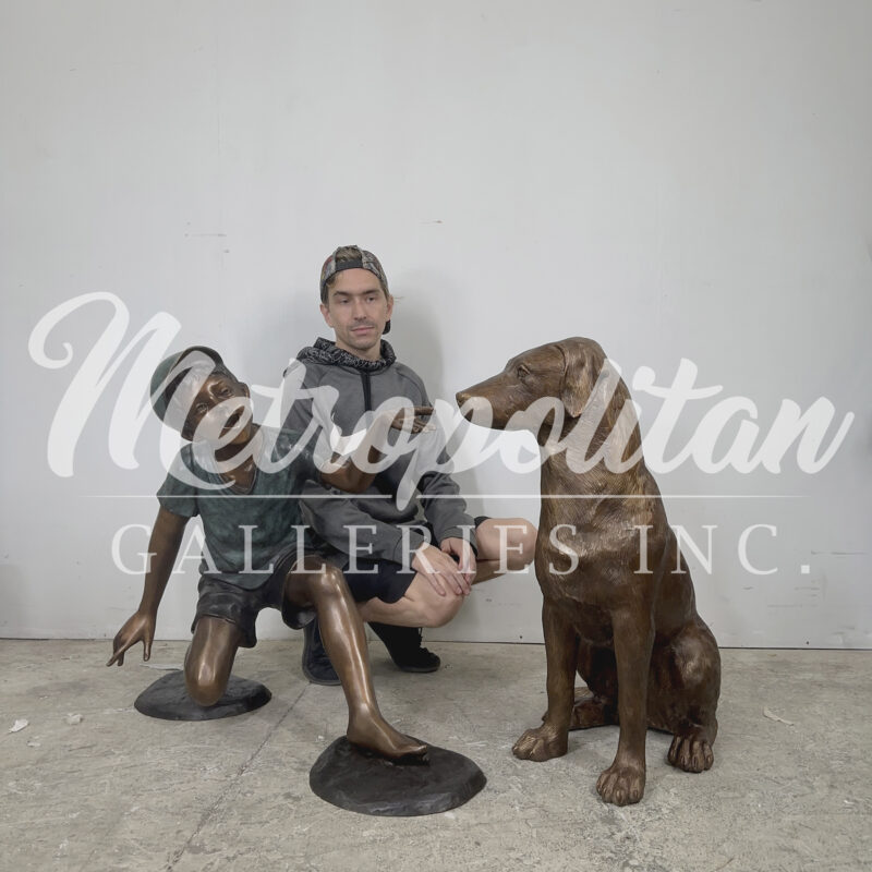 SRB099886 Bronze Kneeling Boy with Dog Sculpture Set by Metropolitan Galleries Inc SCALE WM
