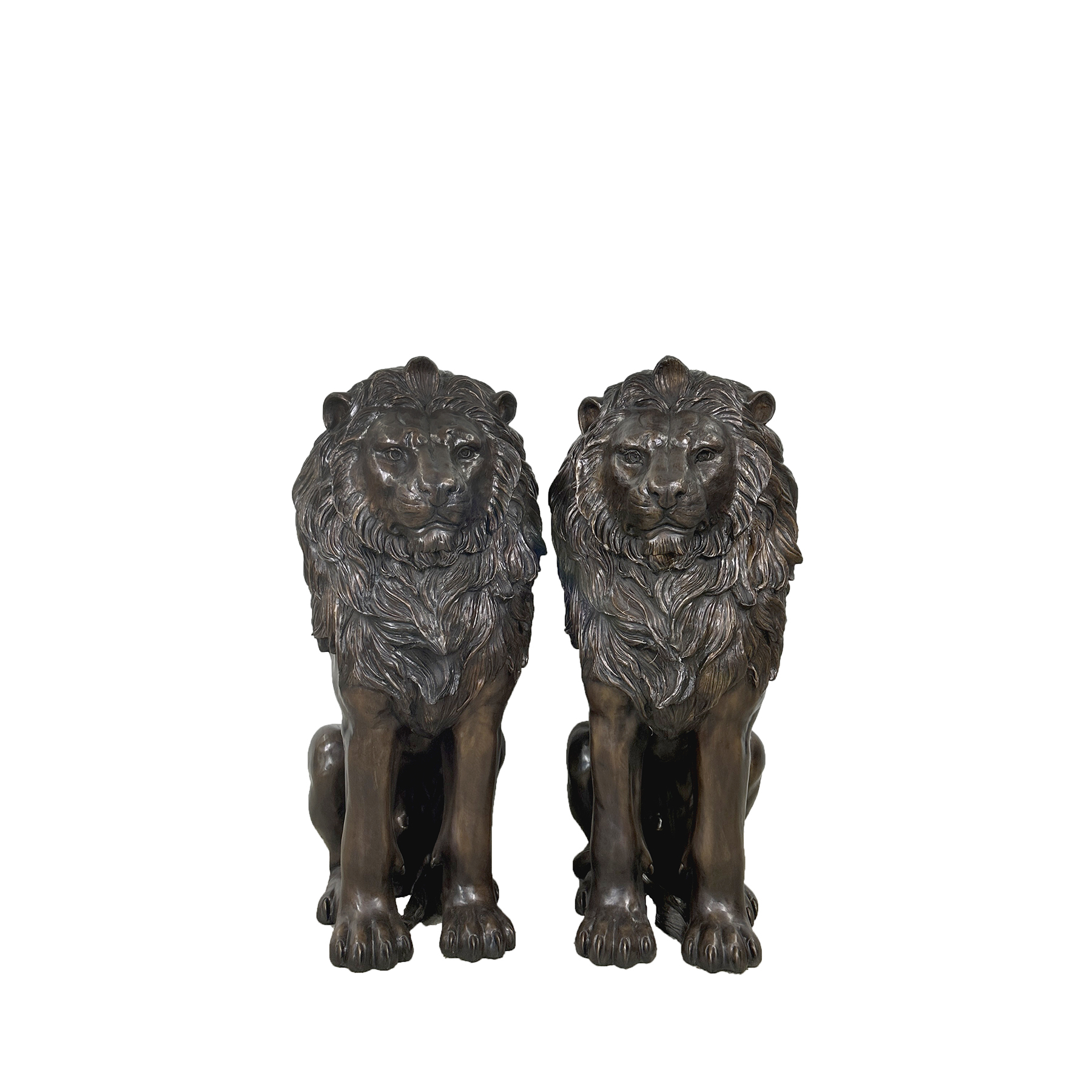 Bronze Sitting Lion Sculpture Pair