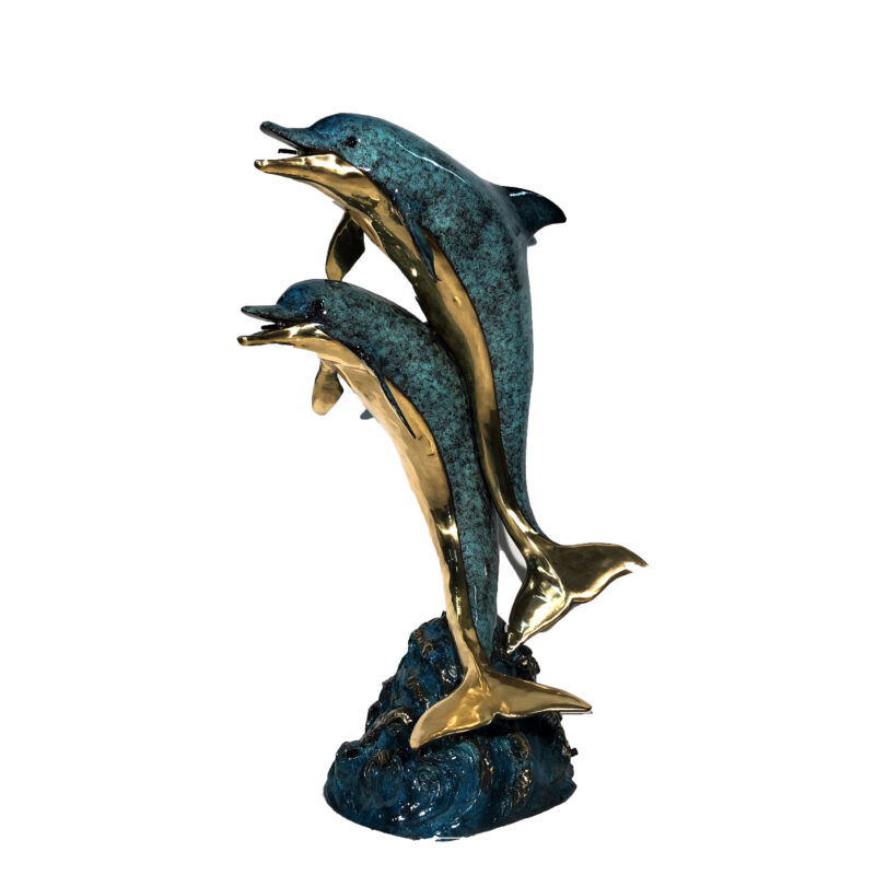 SRB094564C Bronze Two Colorful Dolphins Fountain Sculpture by Metropolitan Galleries Inc