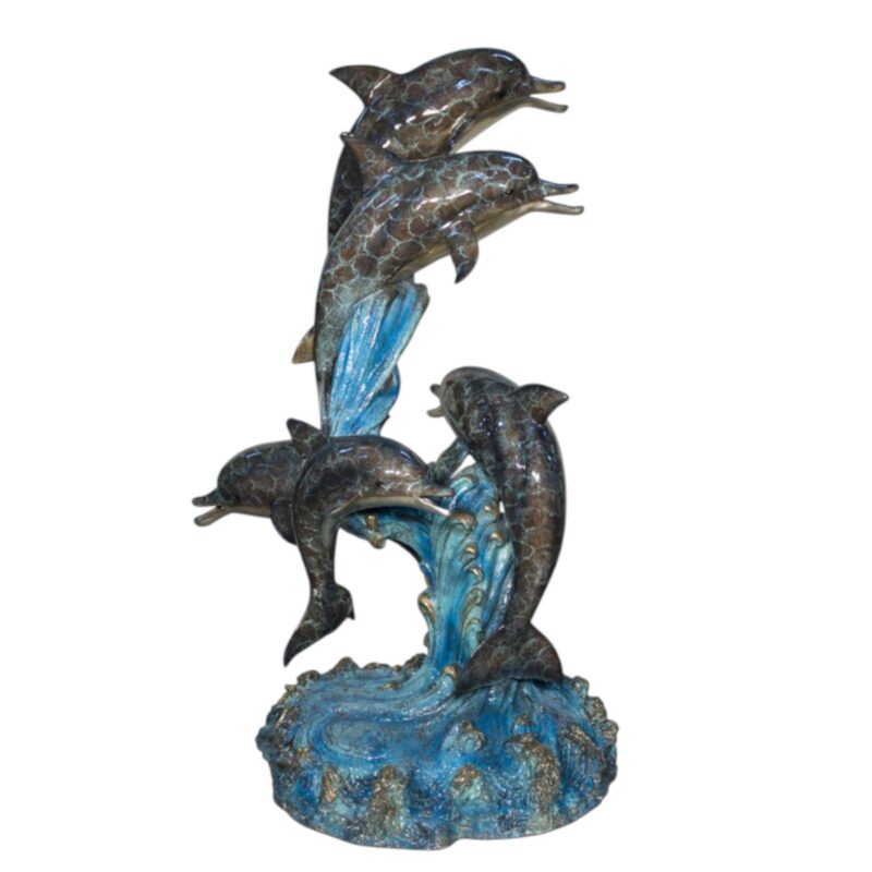 SRB84037-C Bronze Five Colorful Dolphins on Wave Fountain Sculpture by Metropolitan Galleries Inc. (1)