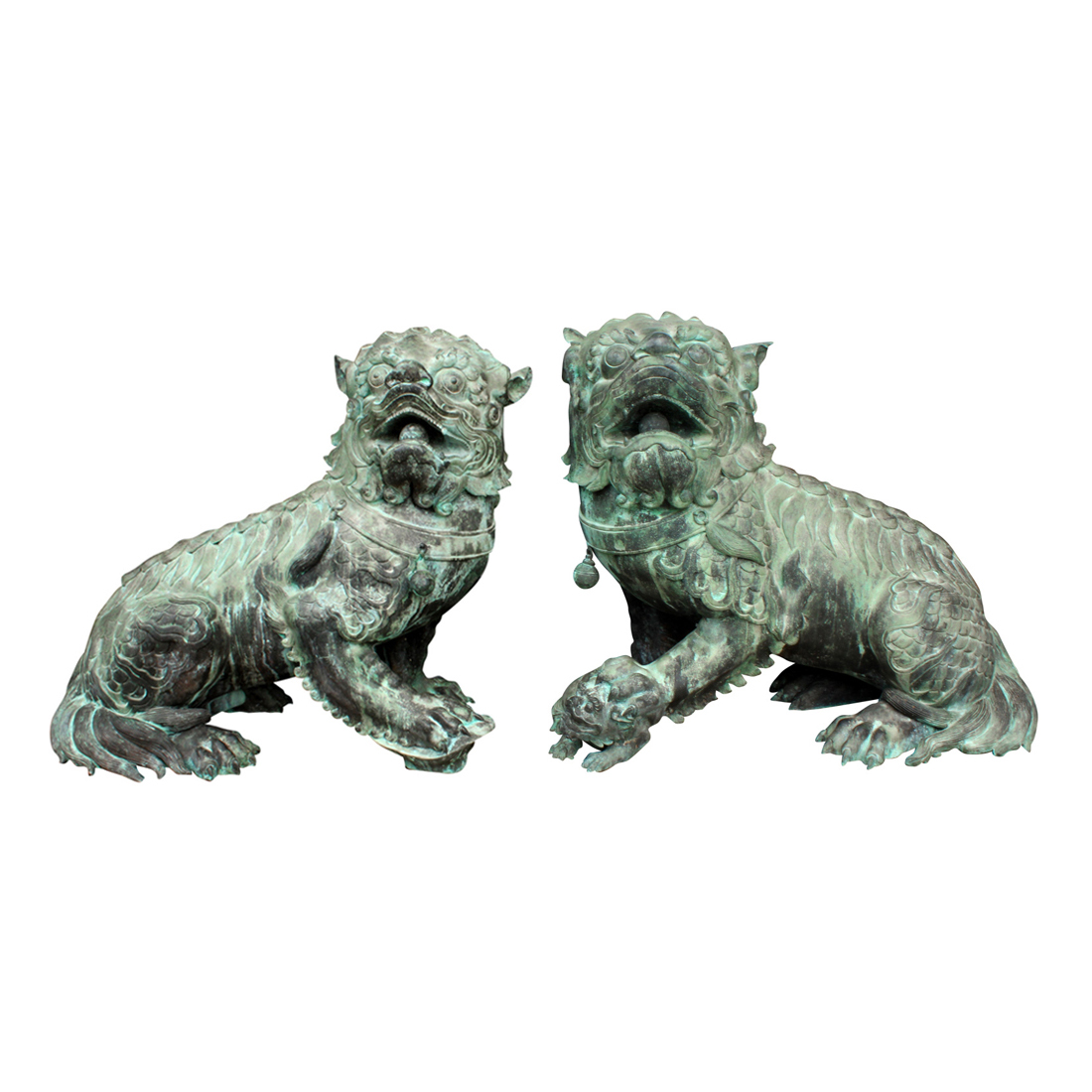 SRB86026-27 Bronze Chinese Foo Dog Sculpture Pair Verdigris Metropolitan Galleries Inc.