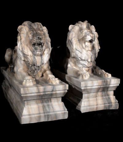 JBA210 Marble Lying Lions on Pedestal Sculpture Set Metropolitan Galleries Inc.