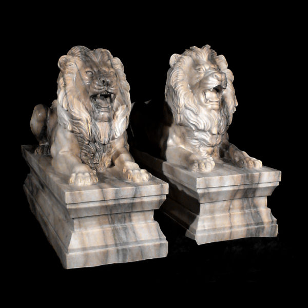 JBA210 Marble Lying Lions on Pedestal Sculpture Set Metropolitan Galleries Inc.
