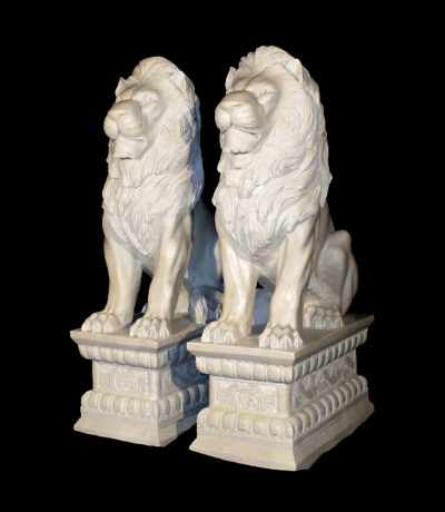 JBA240 Marble Sitting Lions on Pedestal Sculpture Metropolitan Galleries Inc.