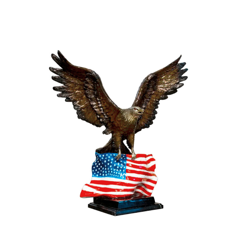 SRB056770 Bronze Flying Eagle with American Flag Sculpture atop Marble Base by Metropolitan Galleries Inc.
