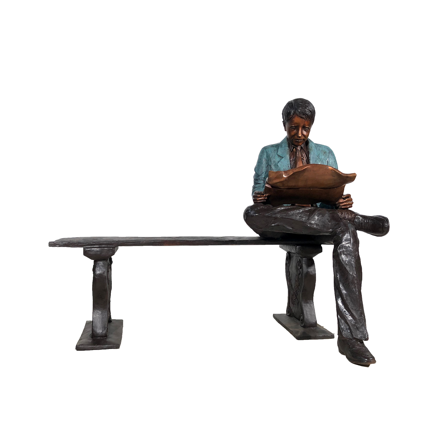SRB050439 Bronze Man Reading Newspaper on Bench Sculpture by Metropolitan Galleries Inc