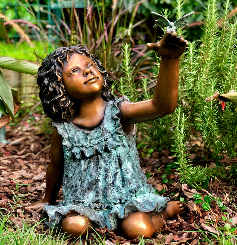 SRB706046 Bronze Kneeling Girl with Butterfly Sculpture from Metropolitan Galleries Inc
