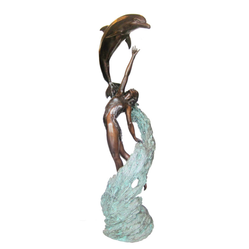 SRB706916 Bronze Lady on Wave with Dolphin Sculpture Metropolitan Galleries Inc.