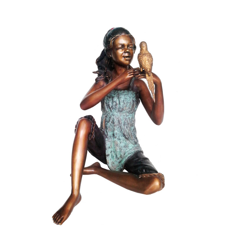 SRB707365 Bronze Girl holding Bird Sculpture Metropolitan Galleries Inc.