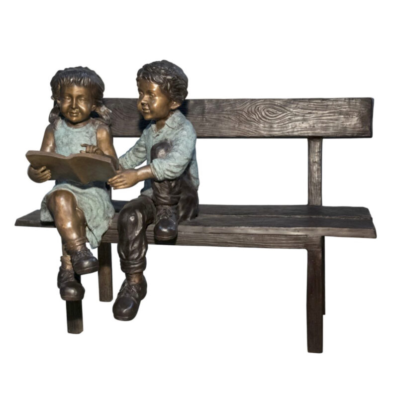 SRB050397 Bronze Two Kids Reading on Bench Sculpture Metropolitan Galleries Inc.