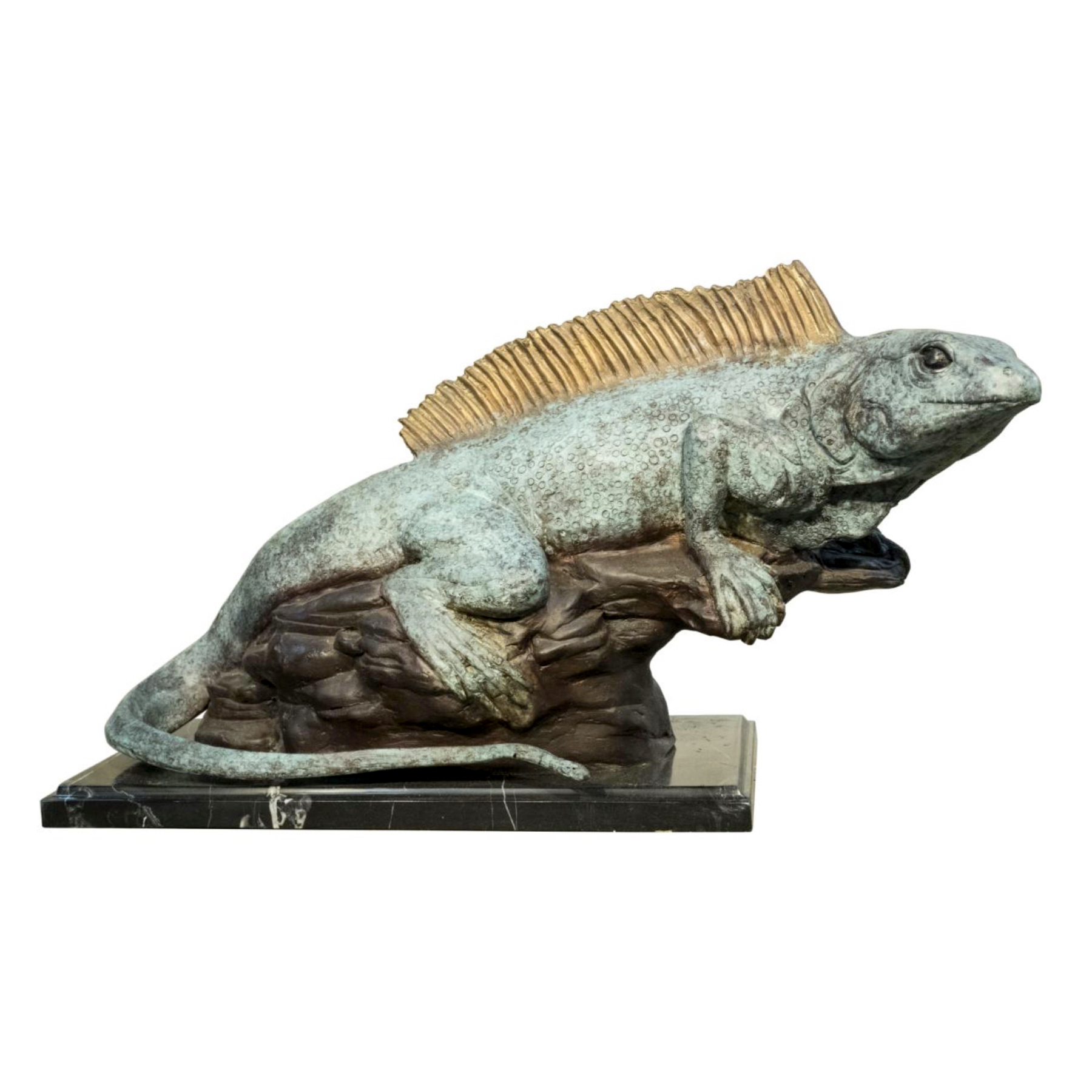 Bronze Iguana Sculpture on Marble Base