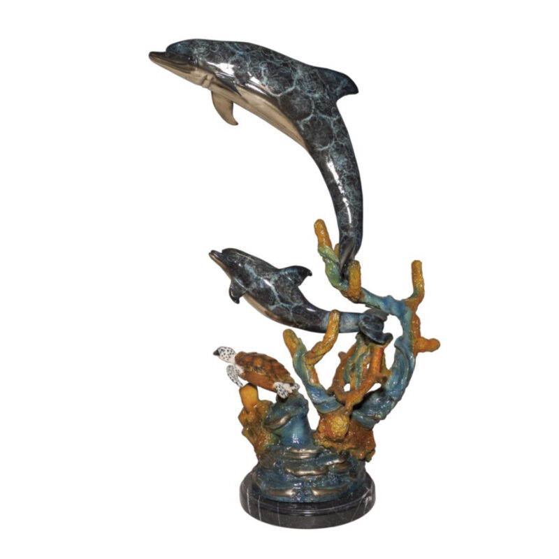 SRB088138 Bronze Dolphins in Coral Sculpture on Marble Base Metropolitan Galleries Inc.