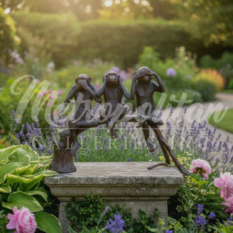 SRB097190 Bronze Three Wise Monkeys on Branch Table-top Sculpture by Metropolitan Galleries Inc. Vignette AI WM
