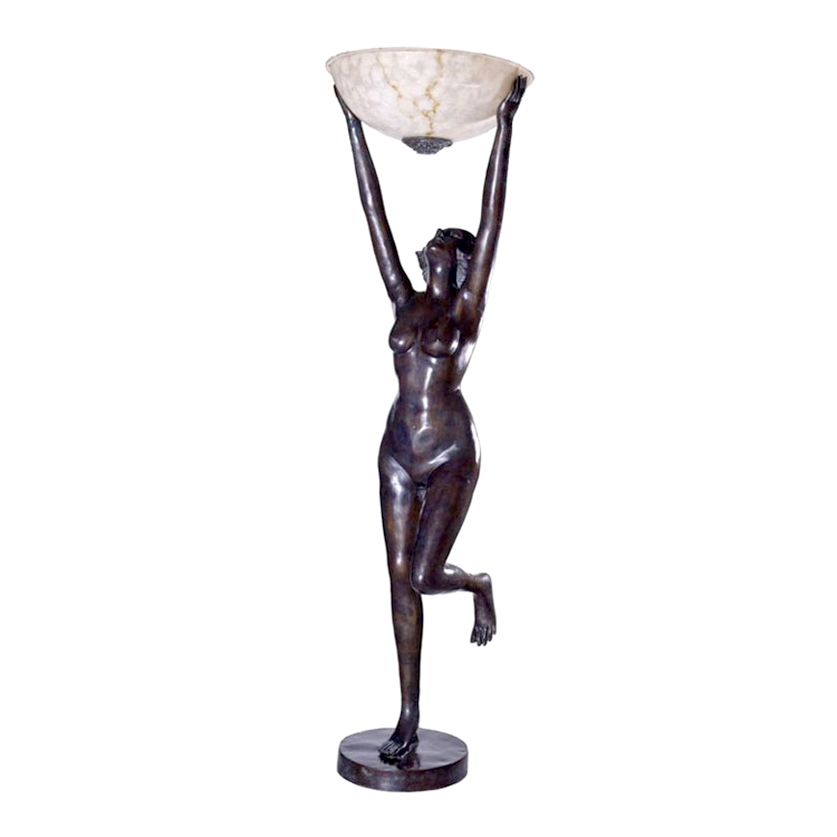 SRB83154 Bronze Art Deco Nude Lady Standing Torchiere Sculpture by Metropolitan Galleries Inc