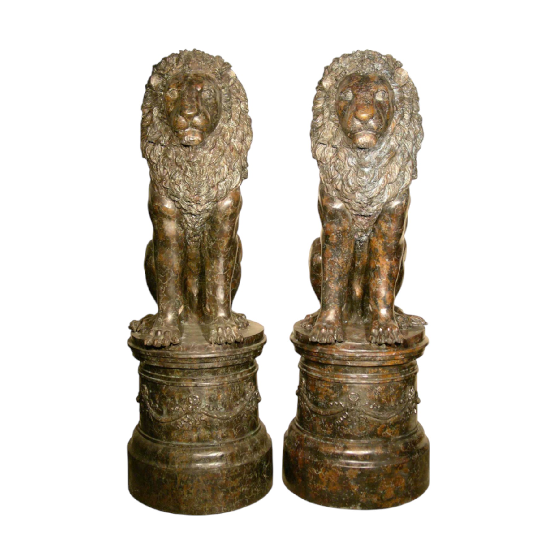 Bronze Sitting Lions on Pedestals Sculpture Pair