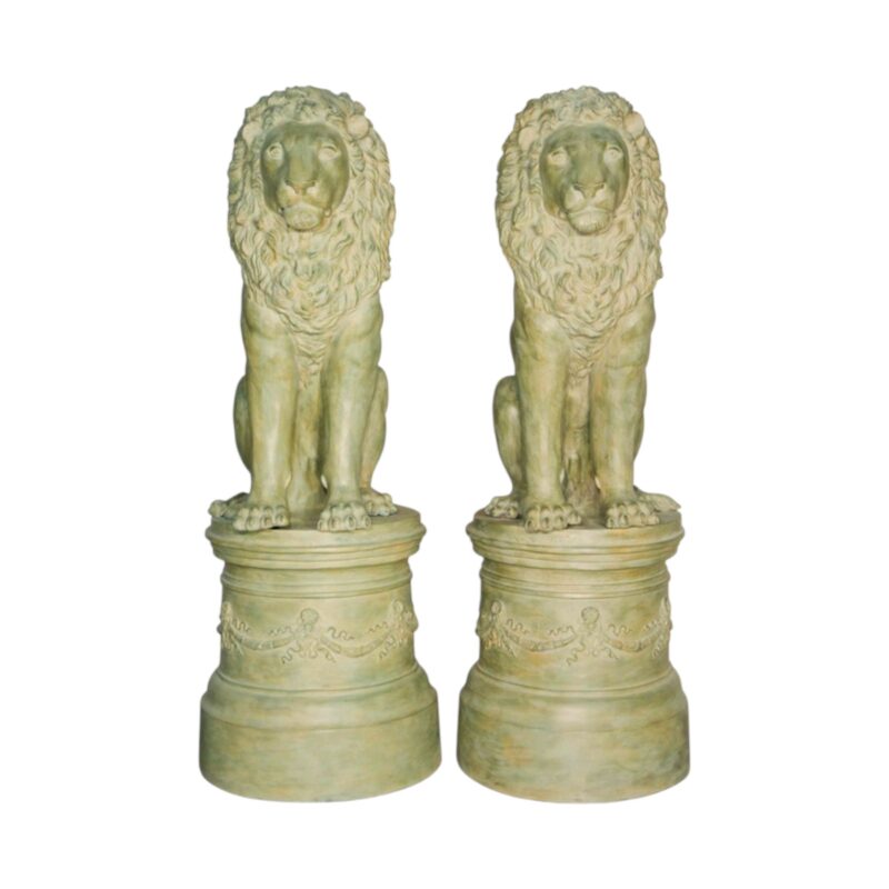 SRB081136-V Bronze Sitting Lions on Pedestals Sculpture Set by Metropolitan Galleries Inc.