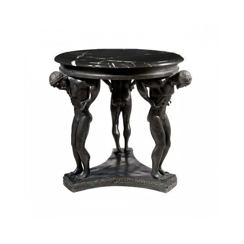 SRB88151 Bronze Three Men Table Base with Black Marble Surface by Metropolitan Galleries Inc