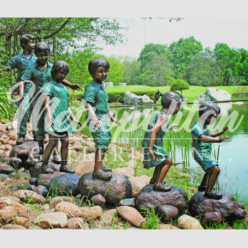SRB48814 Bronze Six Children Walking on Rocks Sculpture Set by Metropolitan Galleries Inc Vignette WM