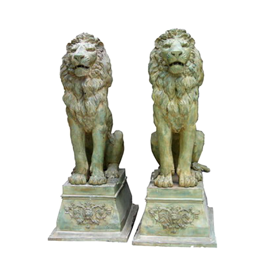 SRB705563 Bronze Sitting Lions on Pedestal Sculpture Pair Metropolitan Galleries Inc