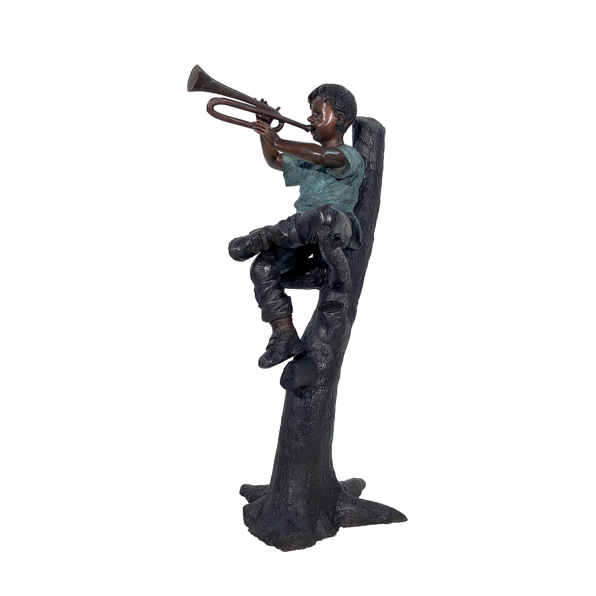 SRB050404 Bronze Boy playing Trumpet in Tree Sculpture by Metropolitan Galleries Inc